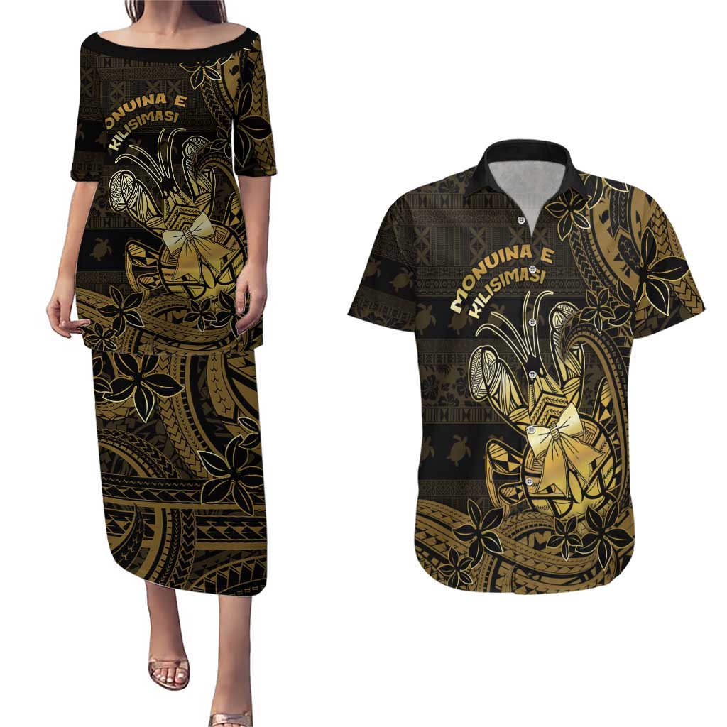 Niue Christmas Couples Matching Puletasi and Hawaiian Shirt Niuean Crab Xmas Tribal Waves - Polynesian Pride