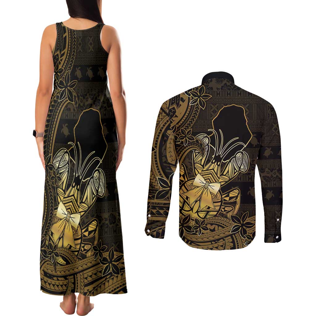 Niue Christmas Couples Matching Tank Maxi Dress and Long Sleeve Button Shirt Niuean Crab Xmas Tribal Waves - Polynesian Pride