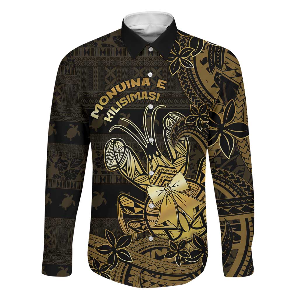 Niue Christmas Family Matching Puletasi and Hawaiian Shirt Niuean Crab Xmas Tribal Waves DT05 Dad's Shirt - Long Sleeve Gold - Polynesian Pride
