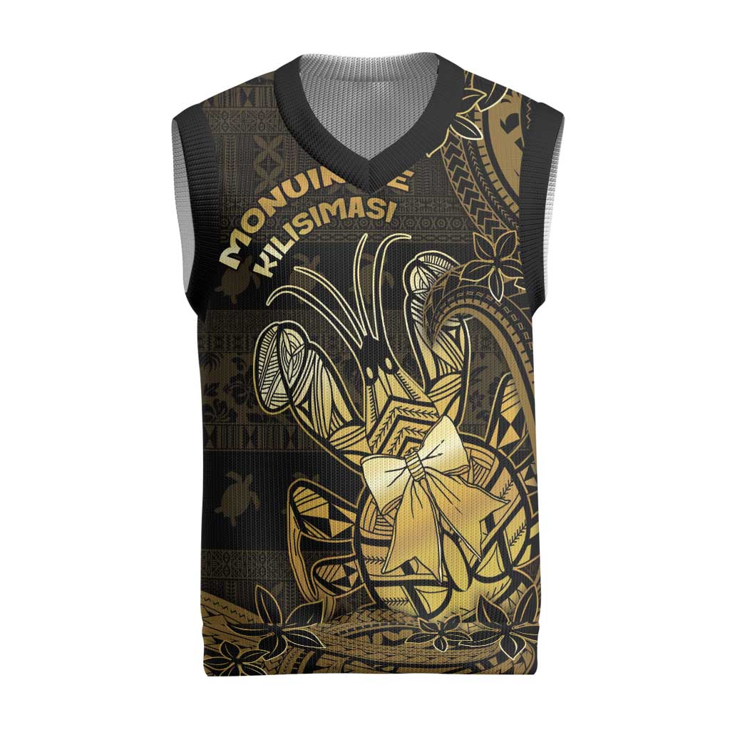 Niue Christmas Knitted V-Neck Vest Niuean Crab Xmas Tribal Waves DT05 Gold - Polynesian Pride