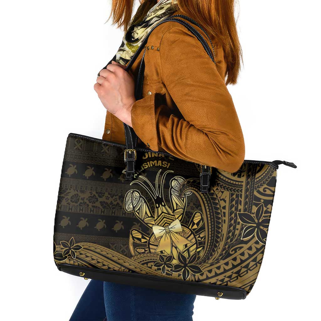 Niue Christmas Leather Tote Bag Niuean Crab Xmas Tribal Waves - Polynesian Pride