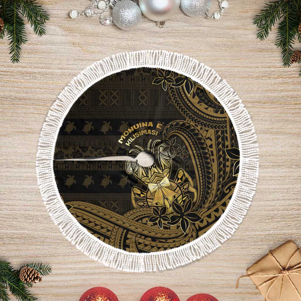 Niue Christmas Tree Skirt Niuean Crab Xmas Tribal Waves DT05 Fringed Gold - Polynesian Pride