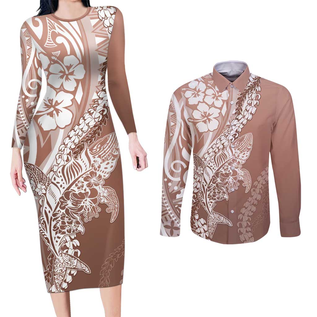 Hawaii Puakenikeni And Maile Lei Couples Matching Long Sleeve Bodycon Dress and Long Sleeve Button Shirt Brown Polynesian Shark Tattoo DT05 Brown - Polynesian Pride