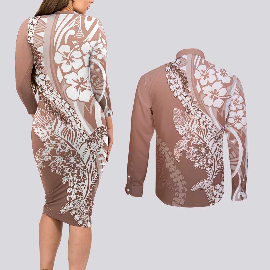 Hawaii Puakenikeni And Maile Lei Couples Matching Long Sleeve Bodycon Dress and Long Sleeve Button Shirt Brown Polynesian Shark Tattoo DT05