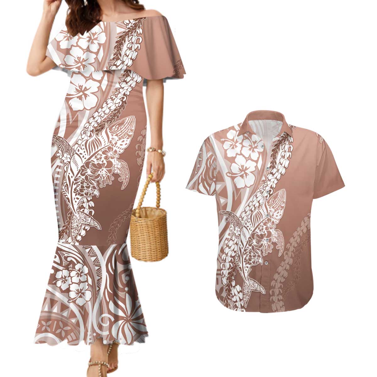 Hawaii Puakenikeni And Maile Lei Couples Matching Mermaid Dress and Hawaiian Shirt Brown Polynesian Shark Tattoo DT05 Brown - Polynesian Pride