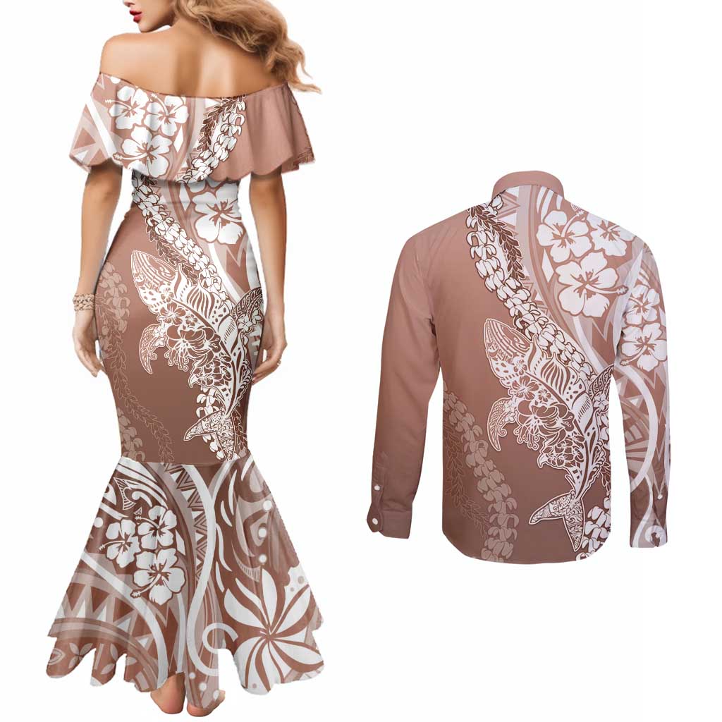 Hawaii Puakenikeni And Maile Lei Couples Matching Mermaid Dress and Long Sleeve Button Shirt Brown Polynesian Shark Tattoo DT05