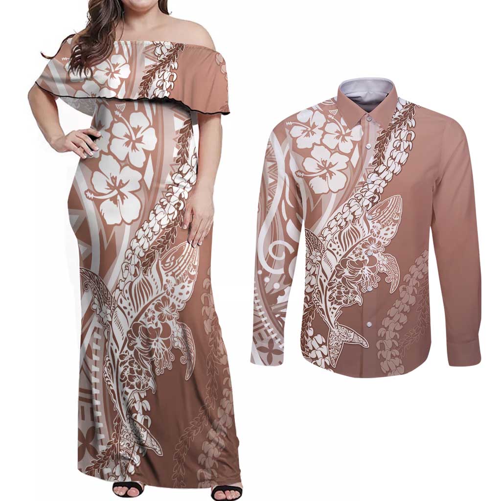Hawaii Puakenikeni And Maile Lei Couples Matching Off Shoulder Maxi Dress and Long Sleeve Button Shirt Brown Polynesian Shark Tattoo DT05 Brown - Polynesian Pride