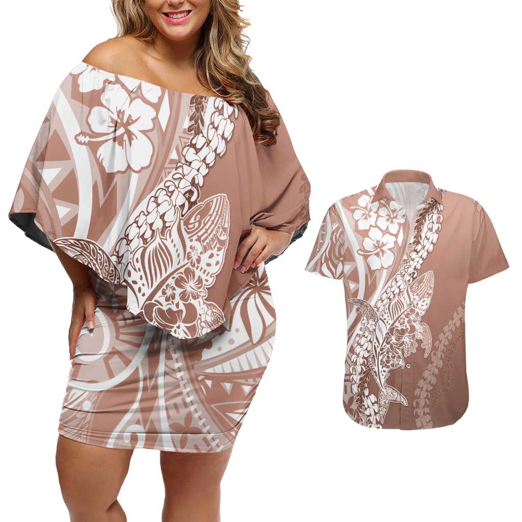 Hawaii Puakenikeni And Maile Lei Couples Matching Off Shoulder Short Dress and Hawaiian Shirt Brown Polynesian Shark Tattoo DT05 Brown - Polynesian Pride