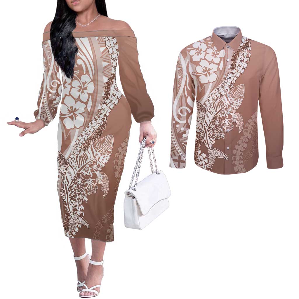 Hawaii Puakenikeni And Maile Lei Couples Matching Off The Shoulder Long Sleeve Dress and Long Sleeve Button Shirt Brown Polynesian Shark Tattoo DT05 Brown - Polynesian Pride