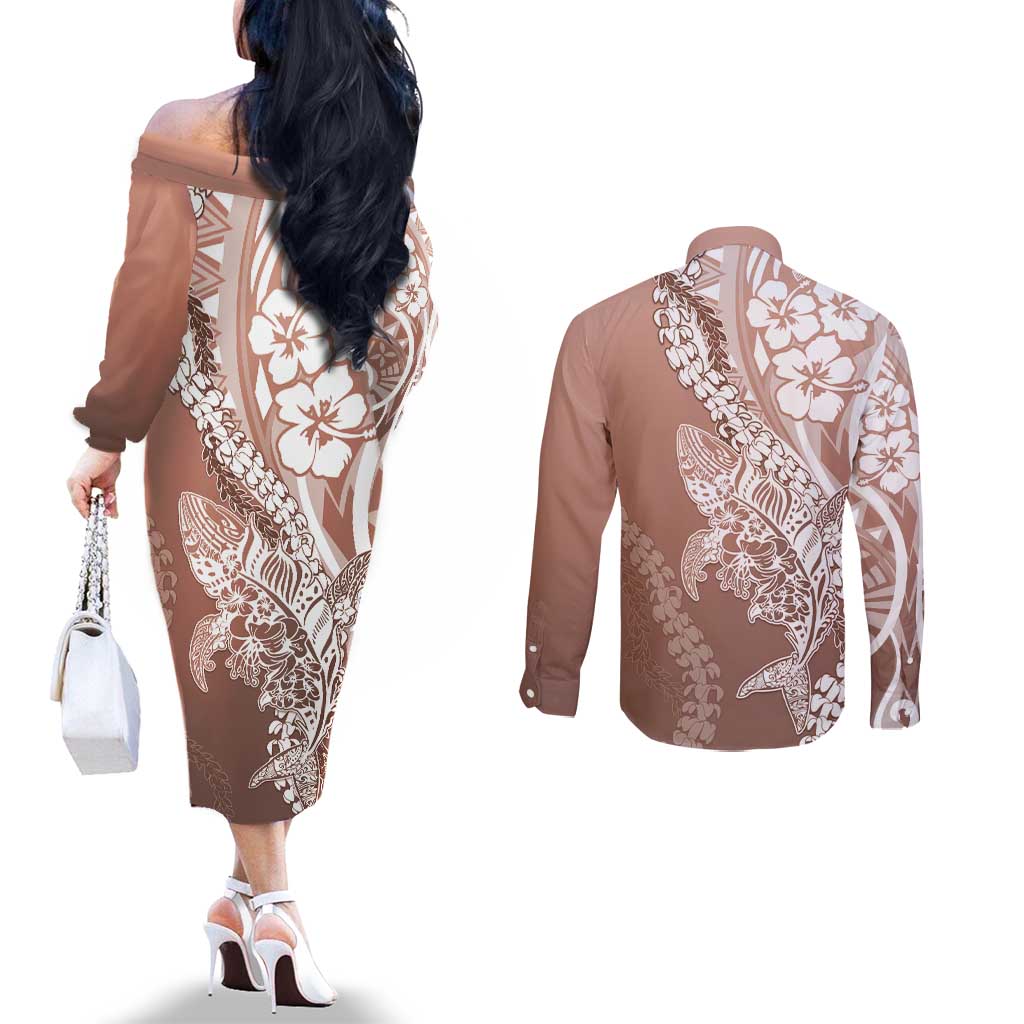 Hawaii Puakenikeni And Maile Lei Couples Matching Off The Shoulder Long Sleeve Dress and Long Sleeve Button Shirt Brown Polynesian Shark Tattoo DT05