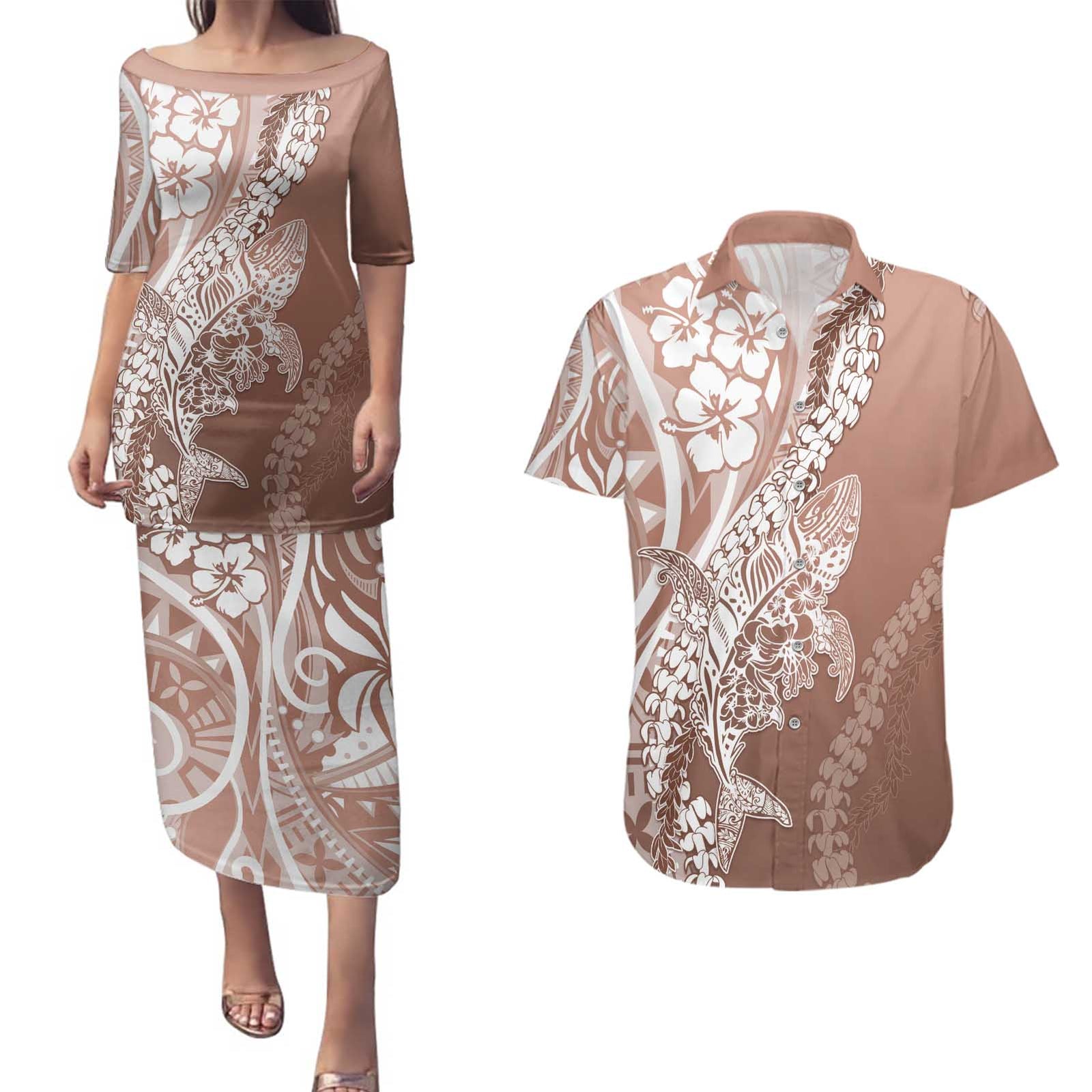 Hawaii Puakenikeni And Maile Lei Couples Matching Puletasi and Hawaiian Shirt Brown Polynesian Shark Tattoo DT05 Brown - Polynesian Pride