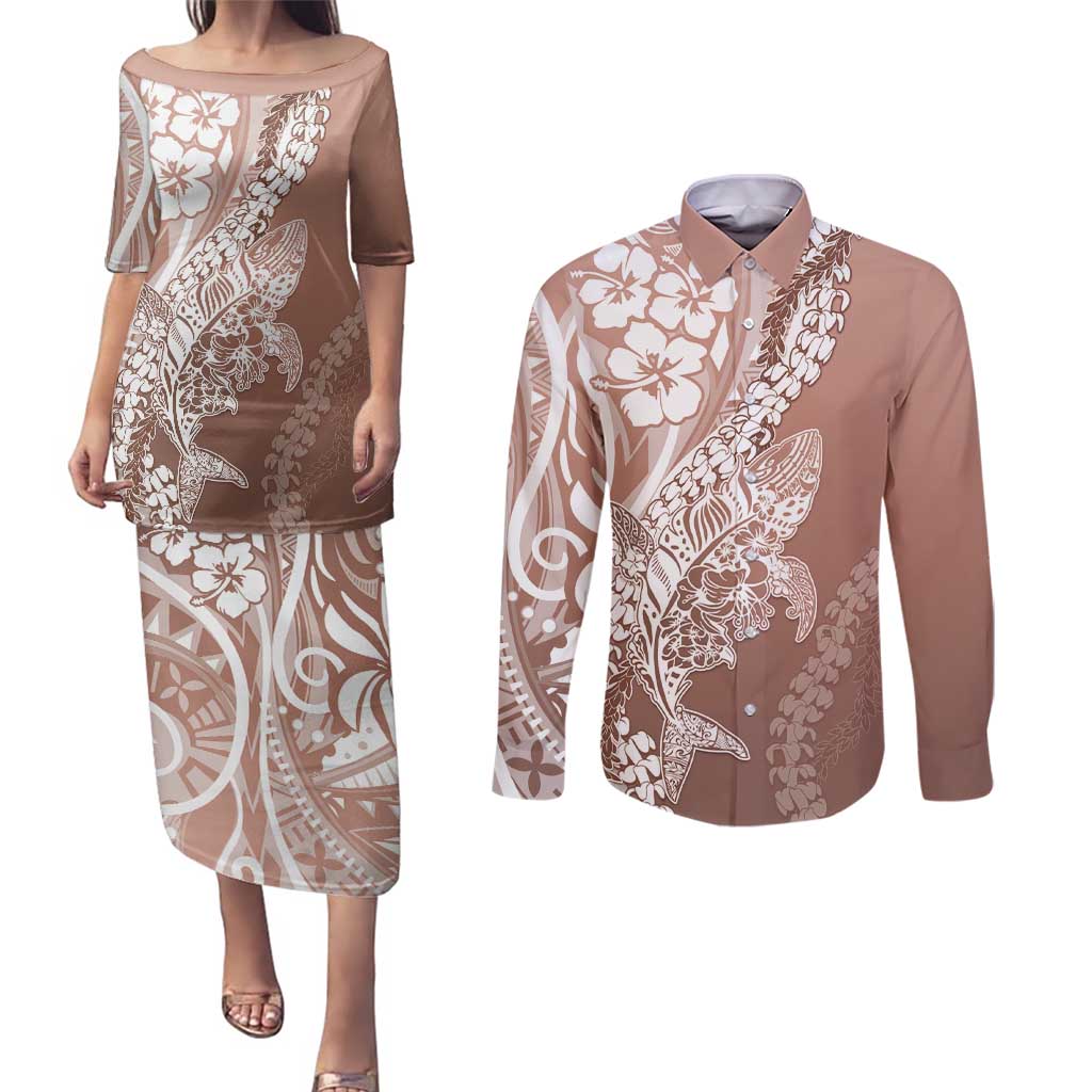 Hawaii Puakenikeni And Maile Lei Couples Matching Puletasi and Long Sleeve Button Shirt Brown Polynesian Shark Tattoo DT05 Brown - Polynesian Pride