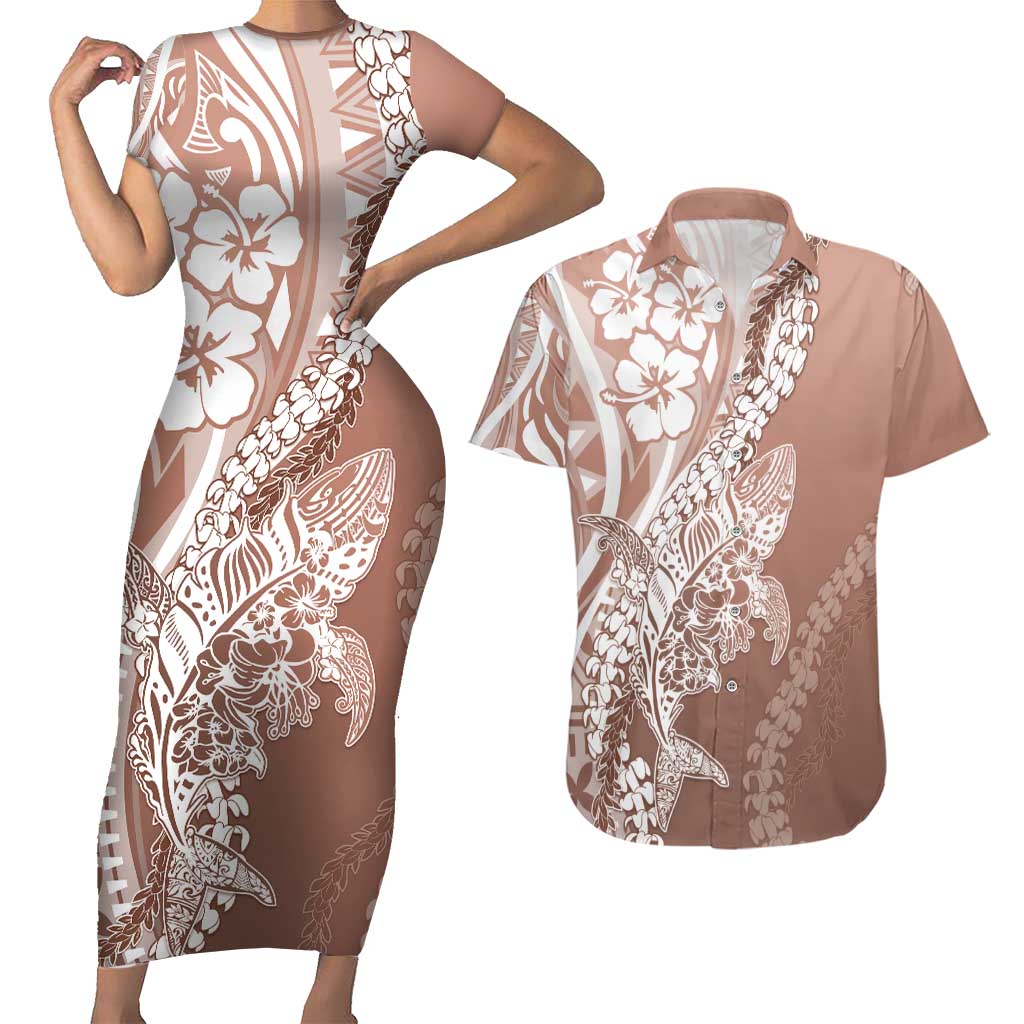 Hawaii Puakenikeni And Maile Lei Couples Matching Short Sleeve Bodycon Dress and Hawaiian Shirt Brown Polynesian Shark Tattoo DT05 Brown - Polynesian Pride