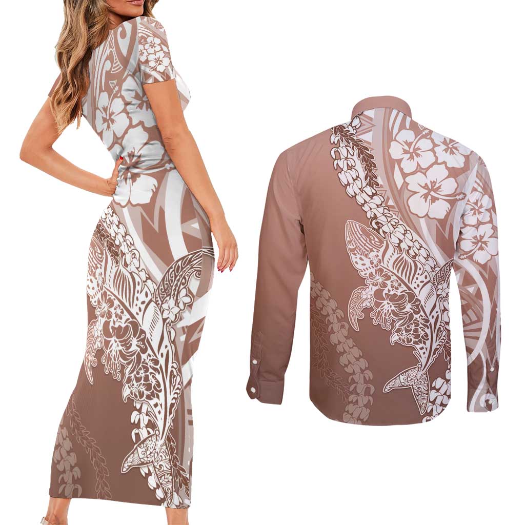 Hawaii Puakenikeni And Maile Lei Couples Matching Short Sleeve Bodycon Dress and Long Sleeve Button Shirt Brown Polynesian Shark Tattoo DT05