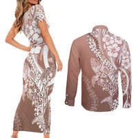 Hawaii Puakenikeni And Maile Lei Couples Matching Short Sleeve Bodycon Dress and Long Sleeve Button Shirt Brown Polynesian Shark Tattoo DT05