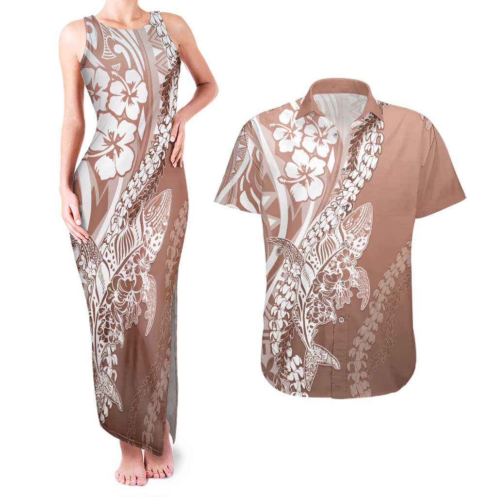 Hawaii Puakenikeni And Maile Lei Couples Matching Tank Maxi Dress and Hawaiian Shirt Brown Polynesian Shark Tattoo DT05