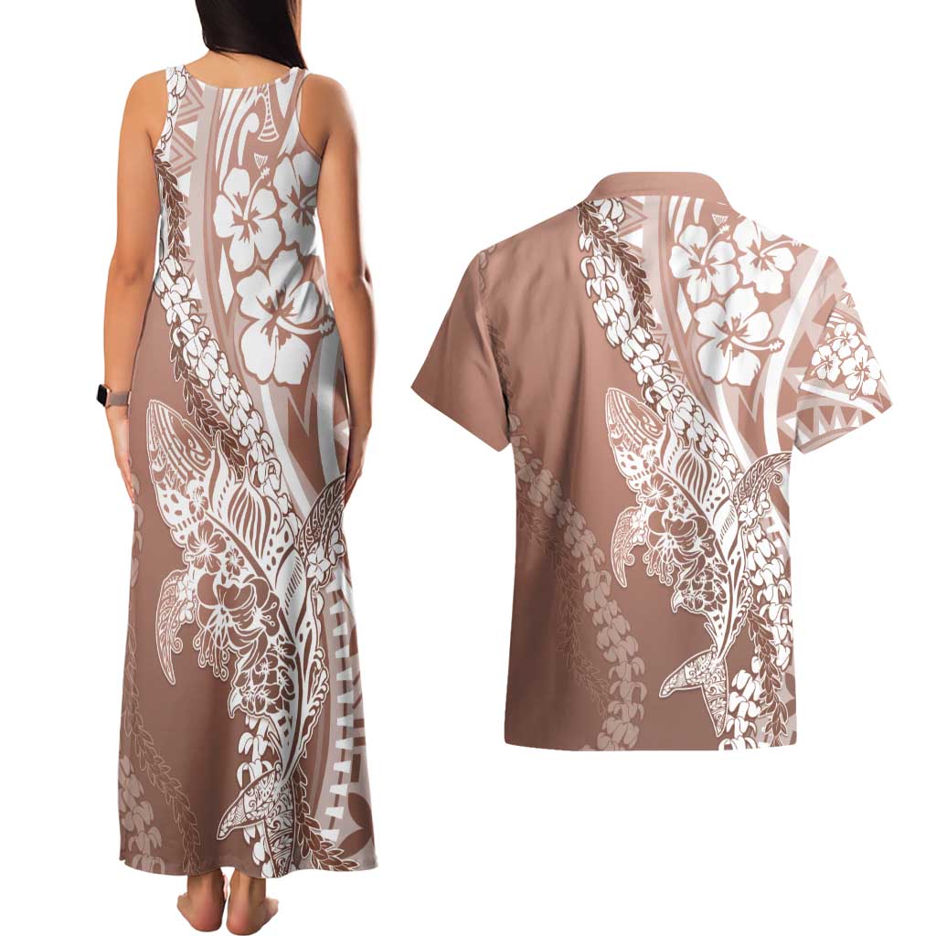 Hawaii Puakenikeni And Maile Lei Couples Matching Tank Maxi Dress and Hawaiian Shirt Brown Polynesian Shark Tattoo DT05