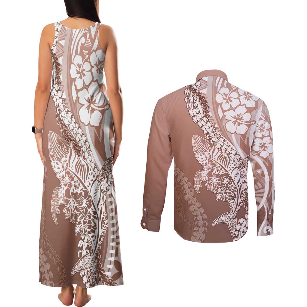Hawaii Puakenikeni And Maile Lei Couples Matching Tank Maxi Dress and Long Sleeve Button Shirt Brown Polynesian Shark Tattoo DT05