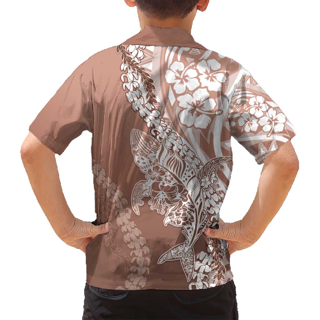Hawaii Puakenikeni And Maile Lei Family Matching Long Sleeve Bodycon Dress and Hawaiian Shirt Brown Polynesian Shark Tattoo DT05