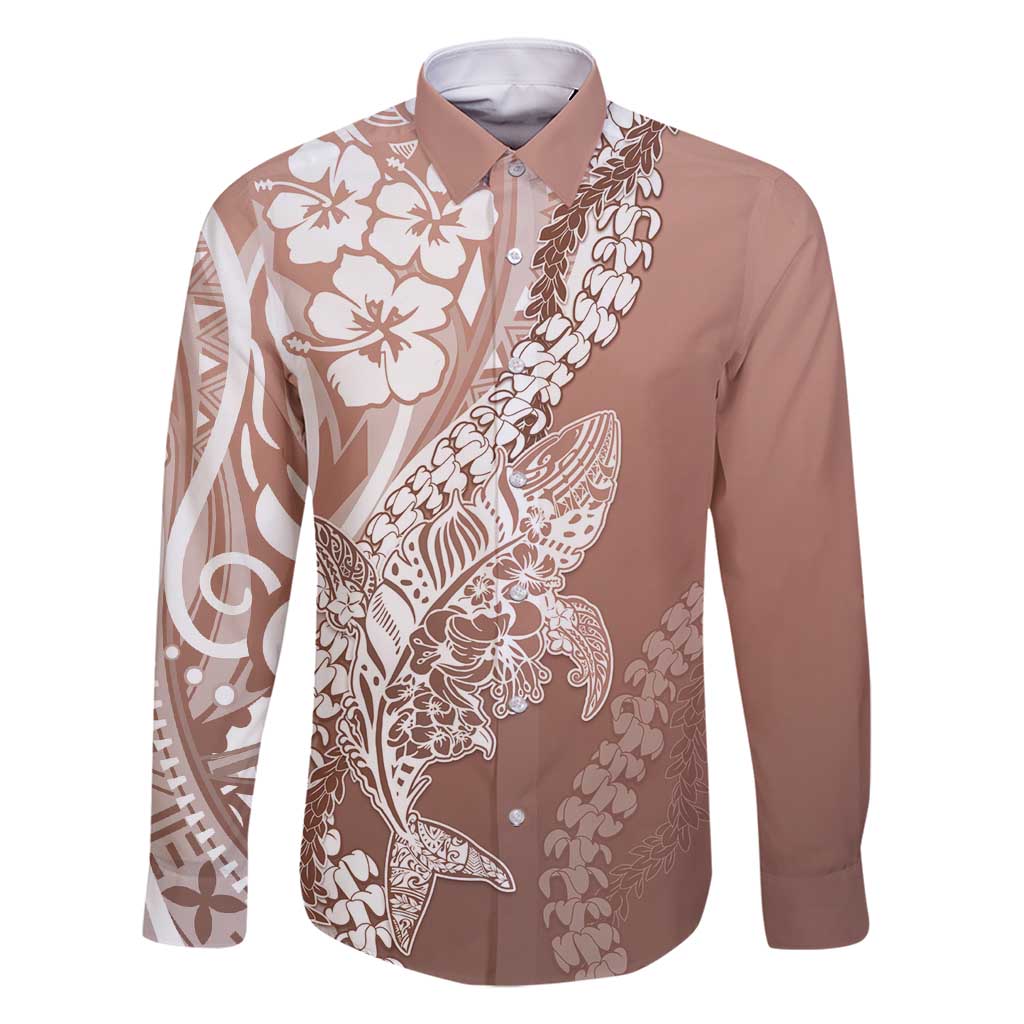 Hawaii Puakenikeni And Maile Lei Family Matching Long Sleeve Bodycon Dress and Hawaiian Shirt Brown Polynesian Shark Tattoo DT05