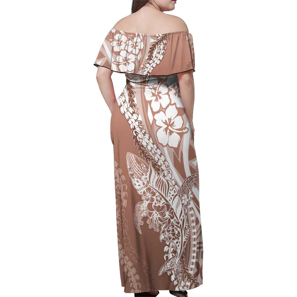 Hawaii Puakenikeni And Maile Lei Family Matching Off Shoulder Maxi Dress and Hawaiian Shirt Brown Polynesian Shark Tattoo DT05