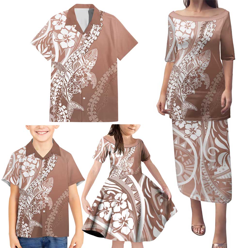 Hawaii Puakenikeni And Maile Lei Family Matching Puletasi and Hawaiian Shirt Brown Polynesian Shark Tattoo DT05 - Polynesian Pride