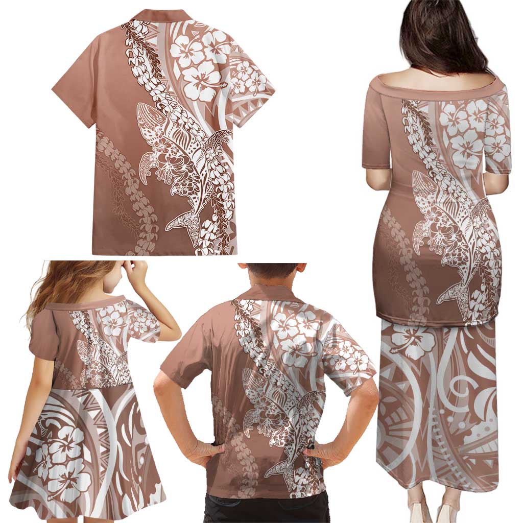 Hawaii Puakenikeni And Maile Lei Family Matching Puletasi and Hawaiian Shirt Brown Polynesian Shark Tattoo DT05