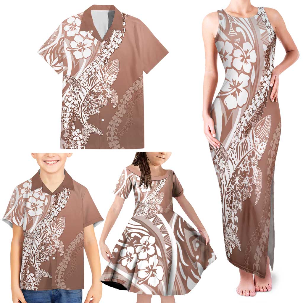 Hawaii Puakenikeni And Maile Lei Family Matching Tank Maxi Dress and Hawaiian Shirt Brown Polynesian Shark Tattoo DT05 - Polynesian Pride