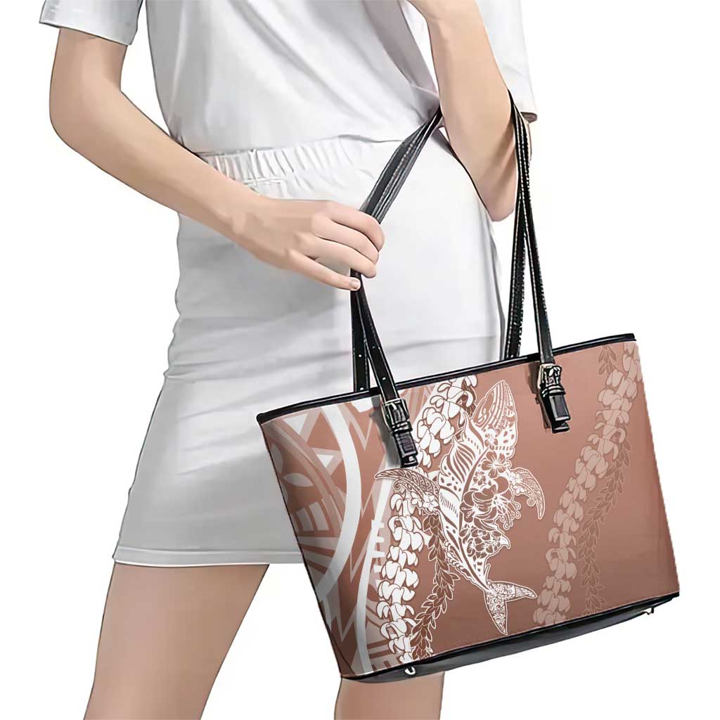 Hawaii Puakenikeni And Maile Lei Leather Tote Bag Brown Polynesian Shark Tattoo DT05
