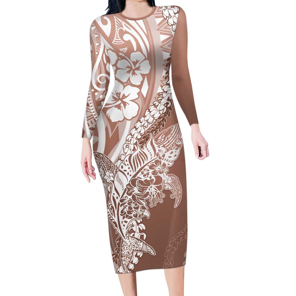 Hawaii Puakenikeni And Maile Lei Long Sleeve Bodycon Dress Brown Polynesian Shark Tattoo DT05