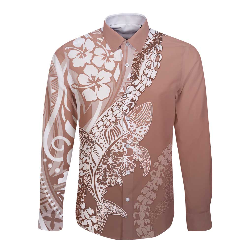 Hawaii Puakenikeni And Maile Lei Long Sleeve Button Shirt Brown Polynesian Shark Tattoo DT05 Unisex Brown - Polynesian Pride