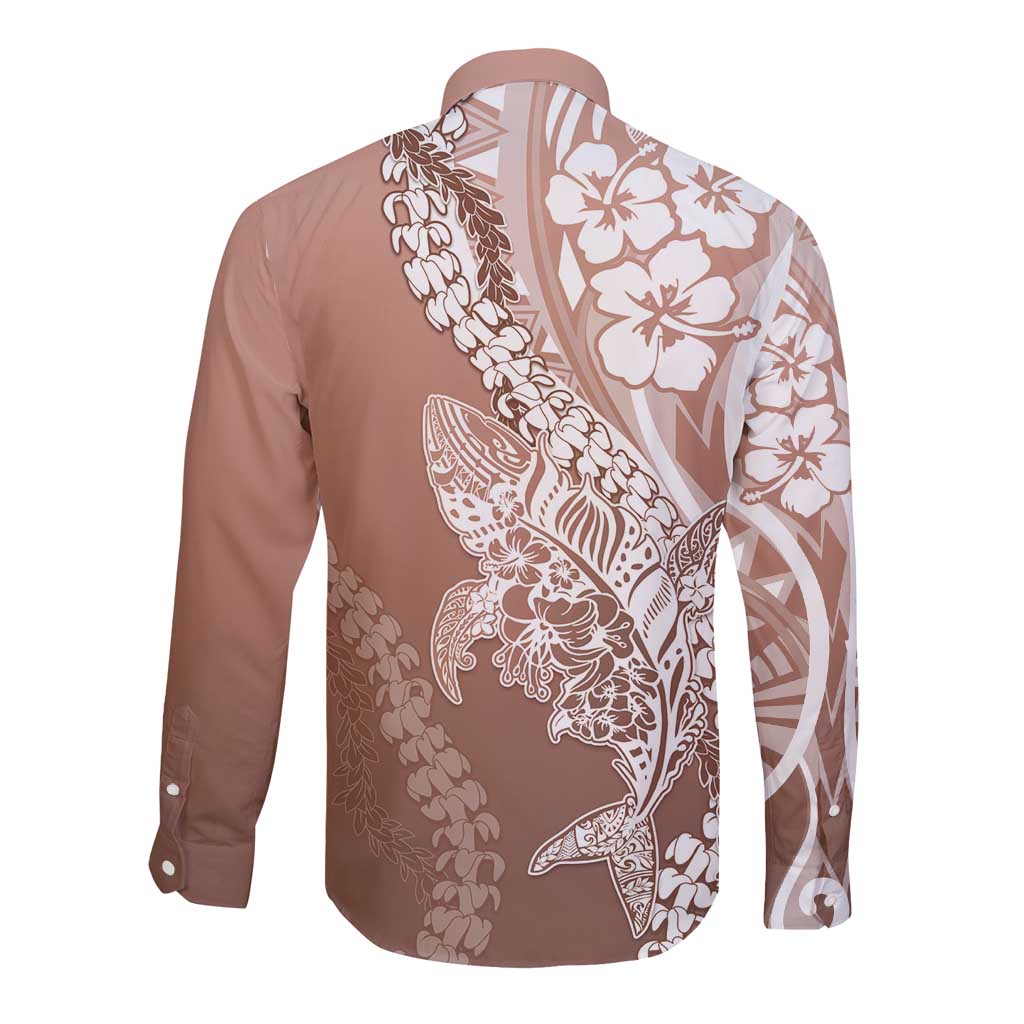 Hawaii Puakenikeni And Maile Lei Long Sleeve Button Shirt Brown Polynesian Shark Tattoo DT05 - Polynesian Pride