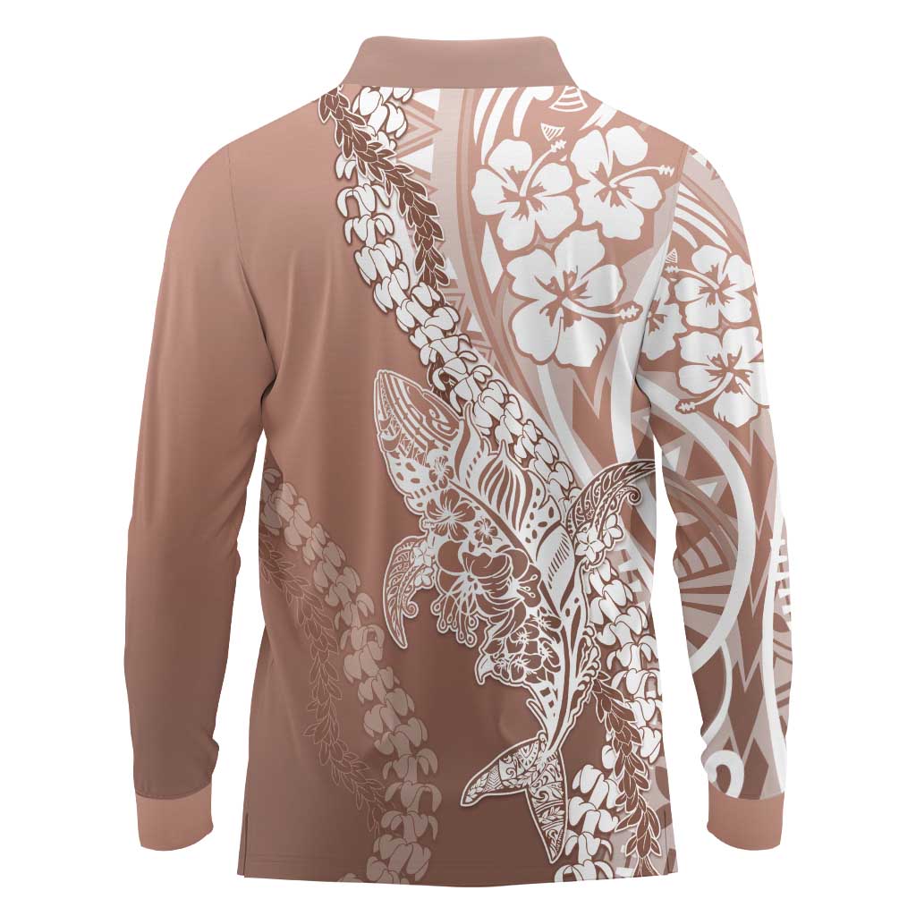 Hawaii Puakenikeni And Maile Lei Long Sleeve Polo Shirt Brown Polynesian Shark Tattoo DT05