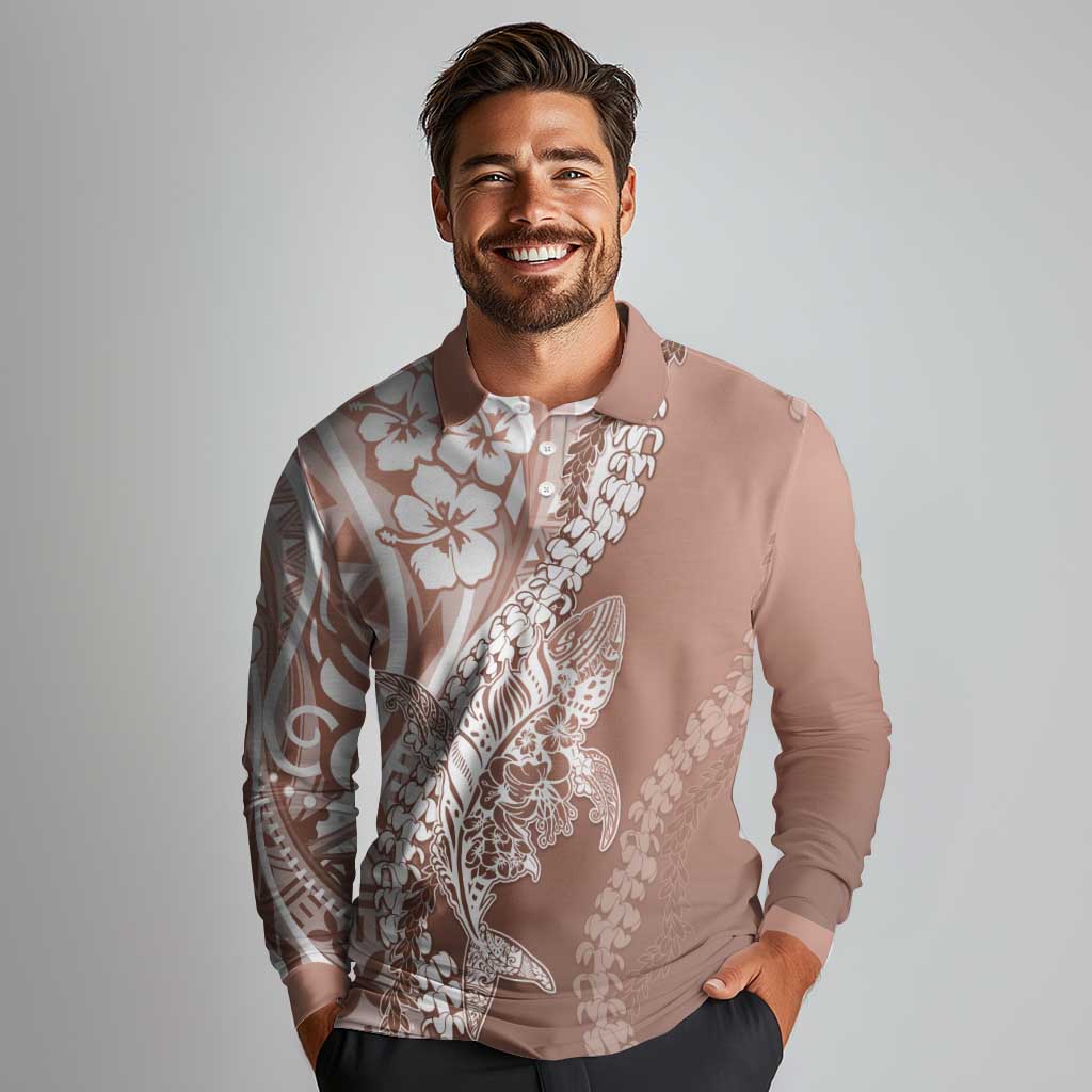 Hawaii Puakenikeni And Maile Lei Long Sleeve Polo Shirt Brown Polynesian Shark Tattoo DT05