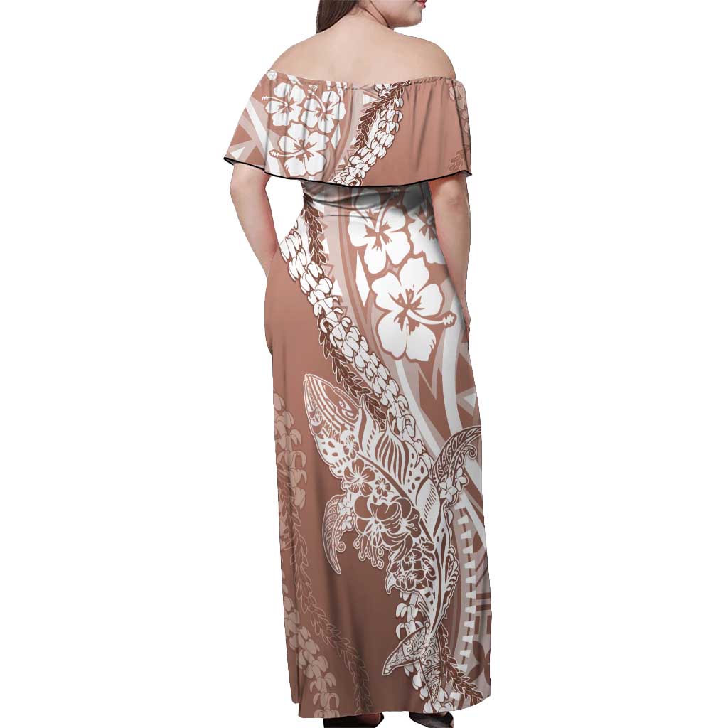 Hawaii Puakenikeni And Maile Lei Off Shoulder Maxi Dress Brown Polynesian Shark Tattoo DT05