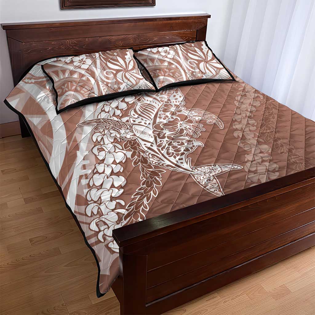 Hawaii Puakenikeni And Maile Lei Quilt Bed Set Brown Polynesian Shark Tattoo DT05