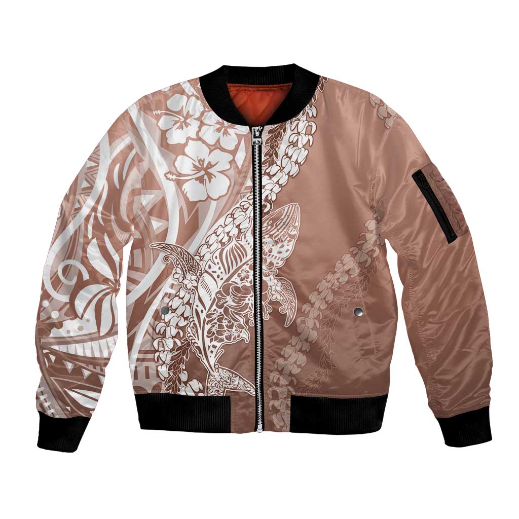 Hawaii Puakenikeni And Maile Lei Sleeve Zip Bomber Jacket Brown Polynesian Shark Tattoo DT05