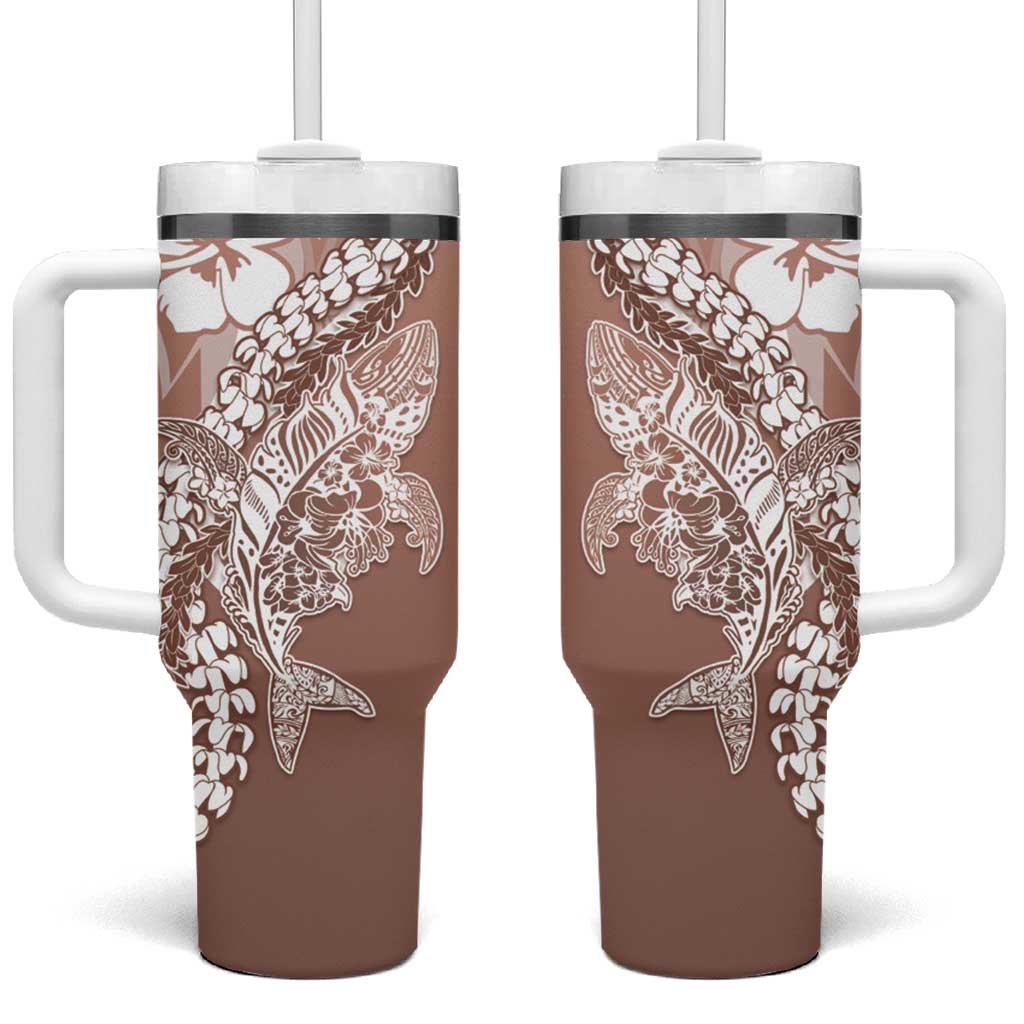 Hawaii Puakenikeni And Maile Lei Tumbler With Handle Brown Polynesian Shark Tattoo DT05