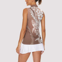 Hawaii Puakenikeni And Maile Lei Women Sleeveless Polo Shirt Brown Polynesian Shark Tattoo DT05
