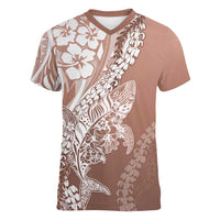 Hawaii Puakenikeni And Maile Lei Women V-Neck T-Shirt Brown Polynesian Shark Tattoo DT05