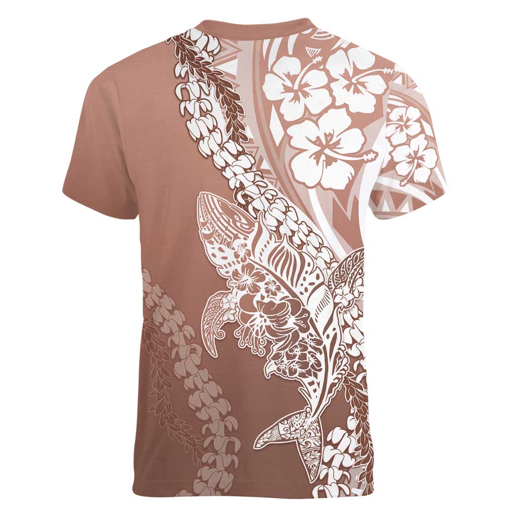Hawaii Puakenikeni And Maile Lei Women V-Neck T-Shirt Brown Polynesian Shark Tattoo DT05