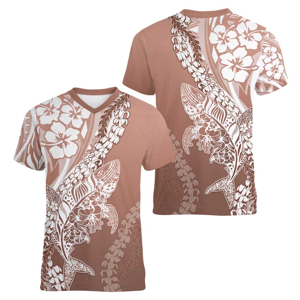 Hawaii Puakenikeni And Maile Lei Women V-Neck T-Shirt Brown Polynesian Shark Tattoo DT05
