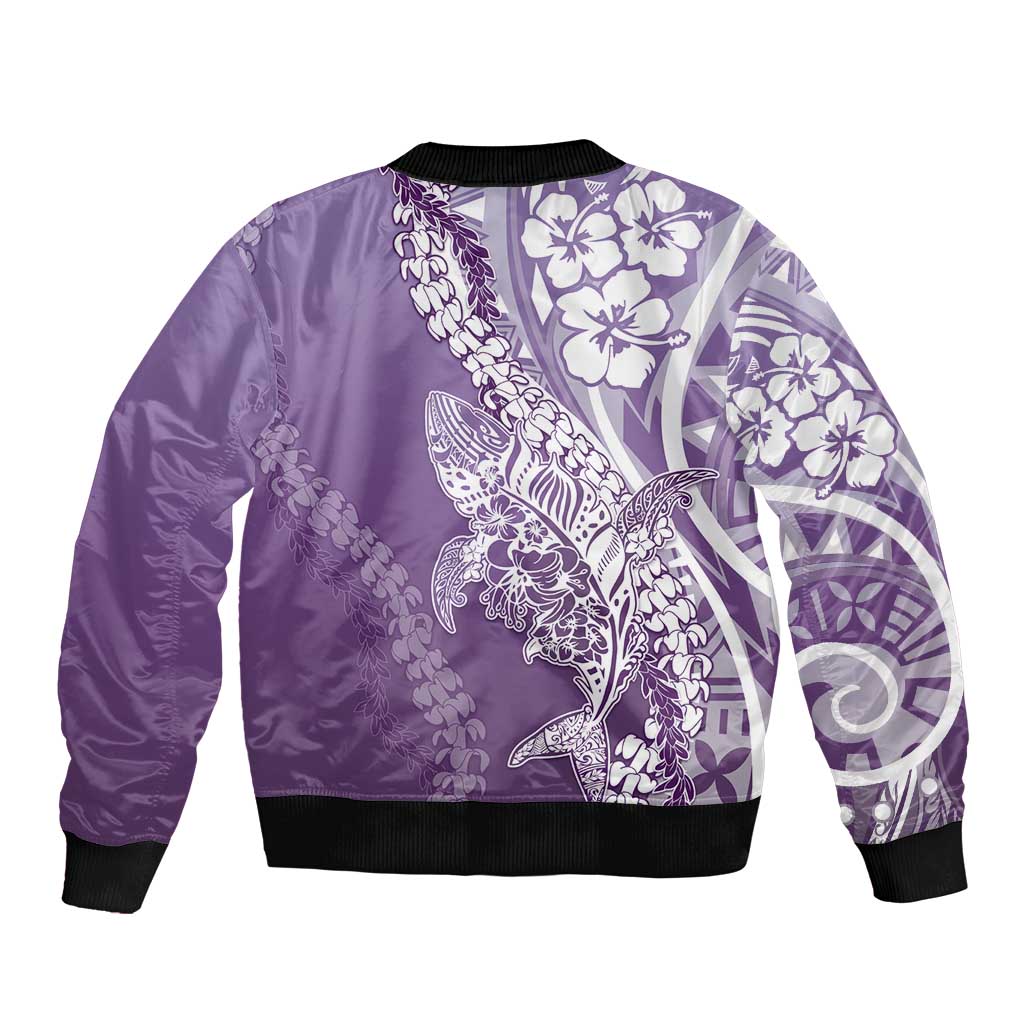 Hawaii Puakenikeni And Maile Lei Bomber Jacket Violet Polynesian Shark Tattoo DT05