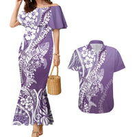 Hawaii Puakenikeni And Maile Lei Couples Matching Mermaid Dress and Hawaiian Shirt Violet Polynesian Shark Tattoo DT05
