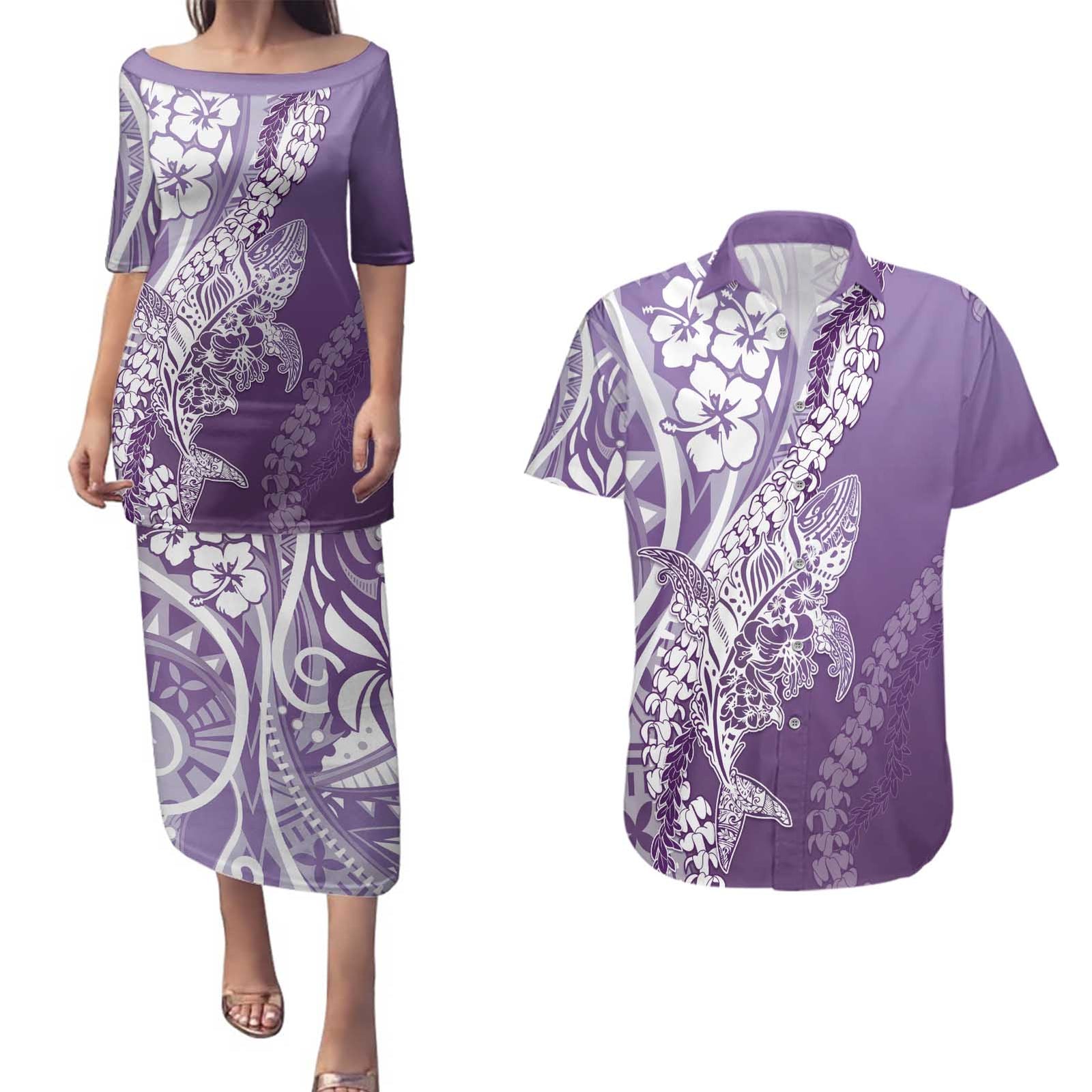 Hawaii Puakenikeni And Maile Lei Couples Matching Puletasi and Hawaiian Shirt Violet Polynesian Shark Tattoo DT05 Violet - Polynesian Pride