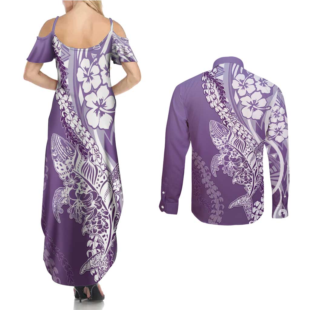 Hawaii Puakenikeni And Maile Lei Couples Matching Summer Maxi Dress and Long Sleeve Button Shirt Violet Polynesian Shark Tattoo DT05