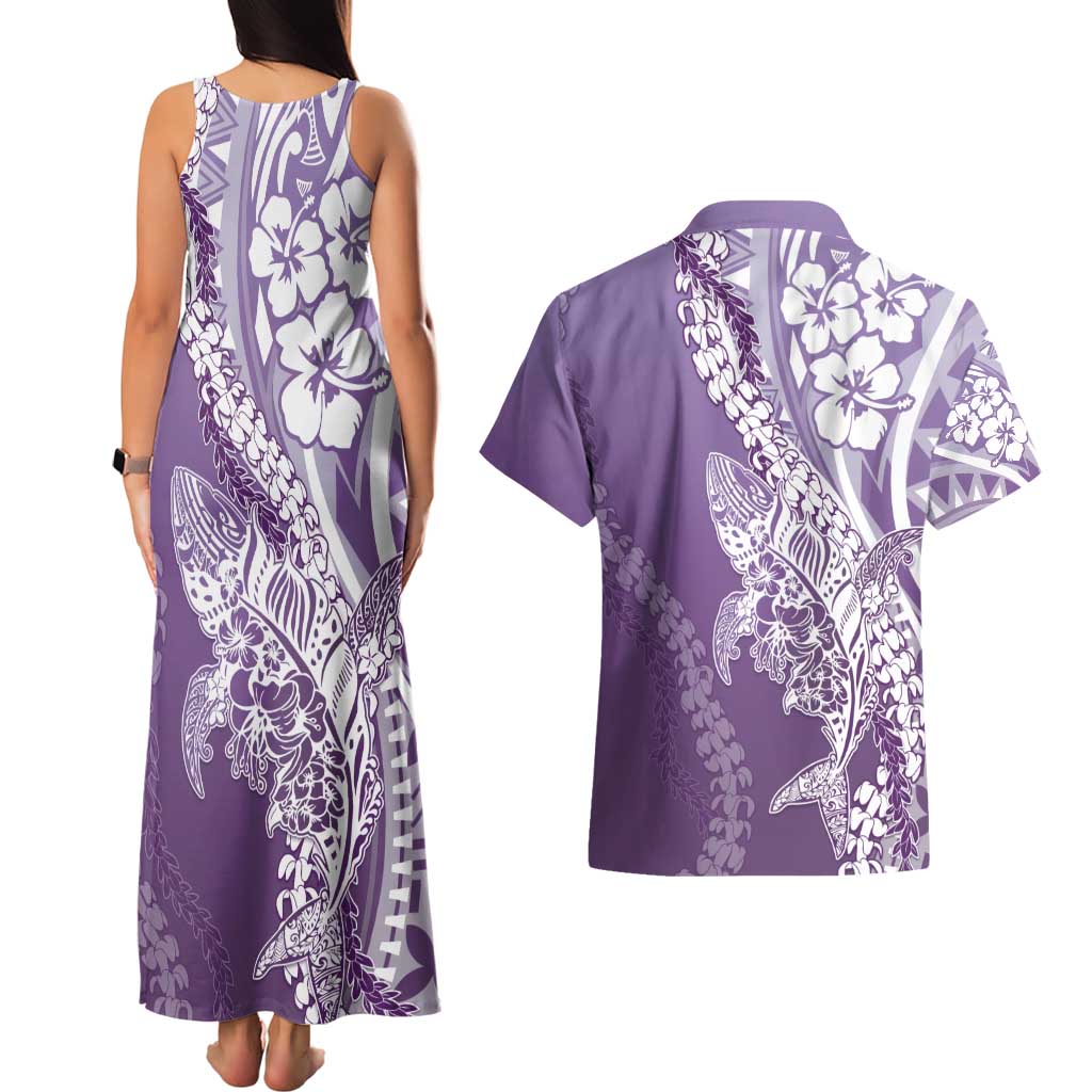 Hawaii Puakenikeni And Maile Lei Couples Matching Tank Maxi Dress and Hawaiian Shirt Violet Polynesian Shark Tattoo DT05