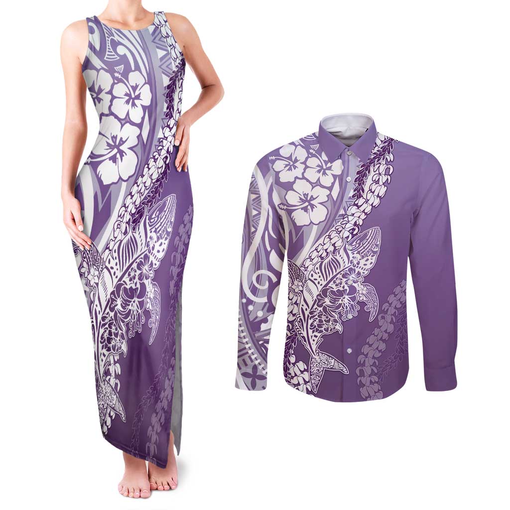 Hawaii Puakenikeni And Maile Lei Couples Matching Tank Maxi Dress and Long Sleeve Button Shirt Violet Polynesian Shark Tattoo DT05