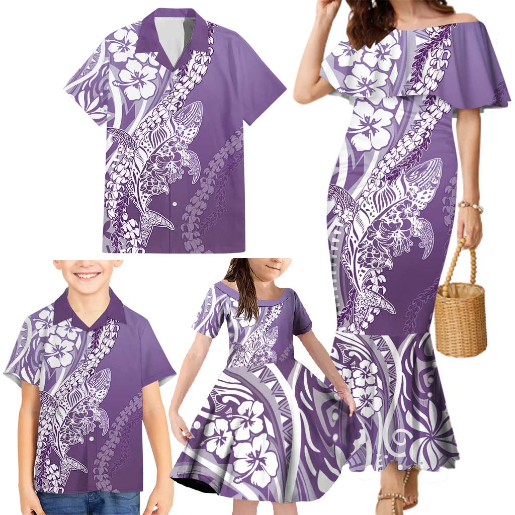 Hawaii Puakenikeni And Maile Lei Family Matching Mermaid Dress and Hawaiian Shirt Violet Polynesian Shark Tattoo DT05 - Polynesian Pride