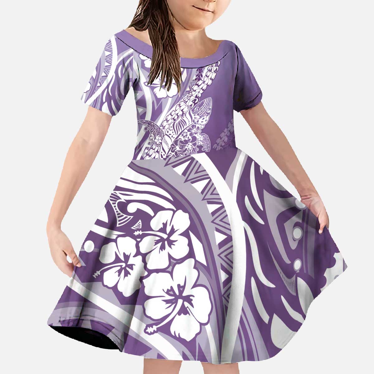 Hawaii Puakenikeni And Maile Lei Family Matching Off The Shoulder Long Sleeve Dress and Hawaiian Shirt Violet Polynesian Shark Tattoo DT05